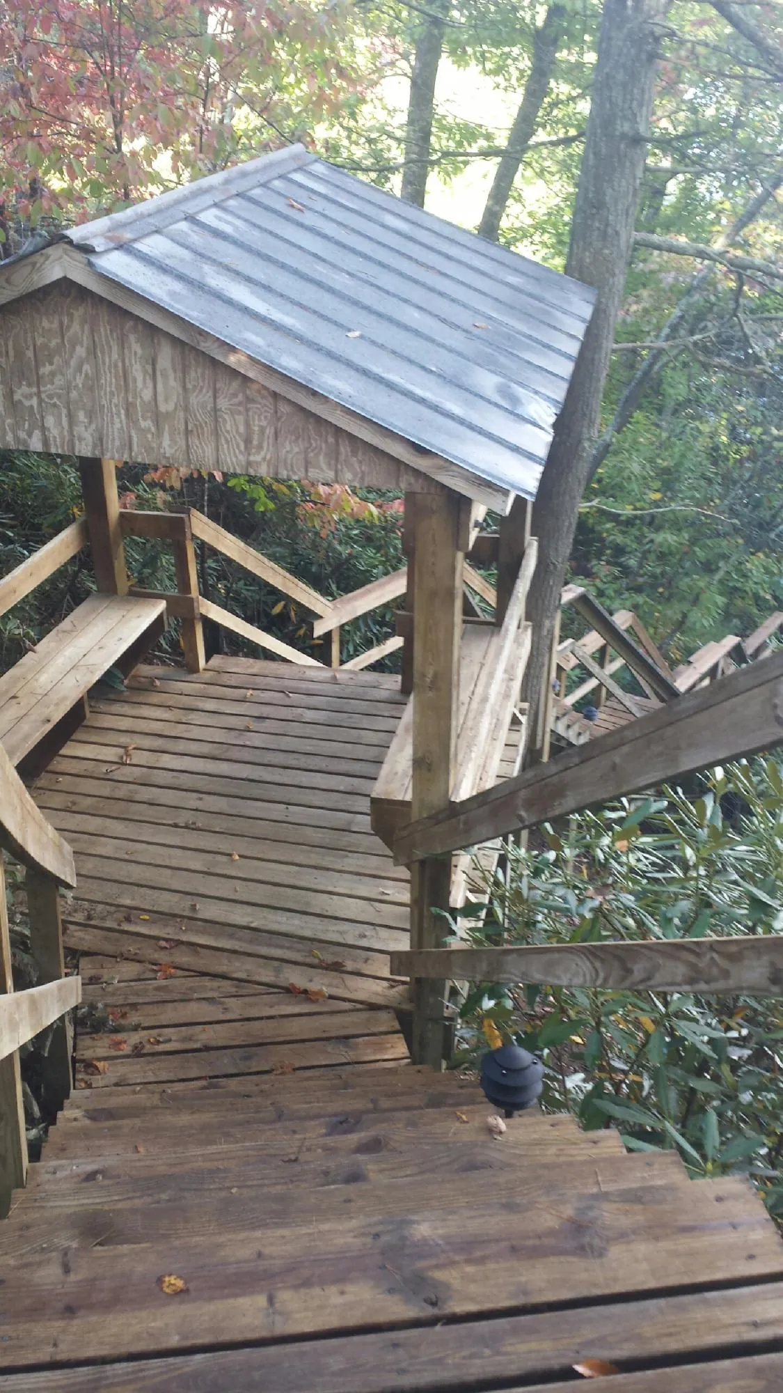 Metal roofed shelter over wooden steps on a wooded walkway — Skylight Repair & Installation work by our crew in Gladbrook